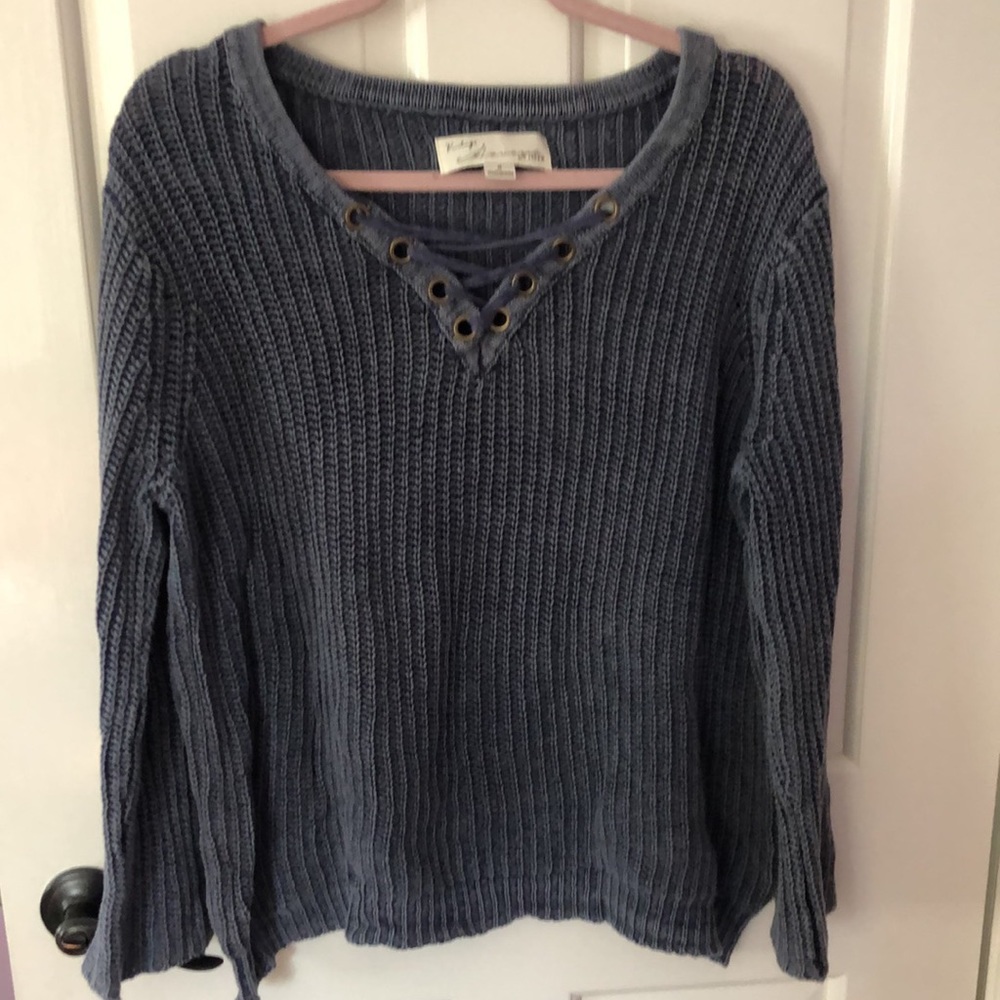 V-neck Blue Sweater with lace up detailing
